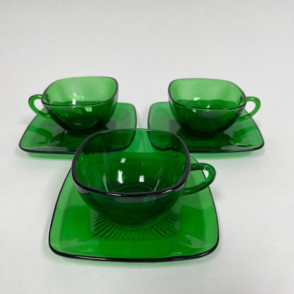 Fire King Anchor Hocking Square Cup & Saucers Charm Forest‎ Green Glass Lot of 6